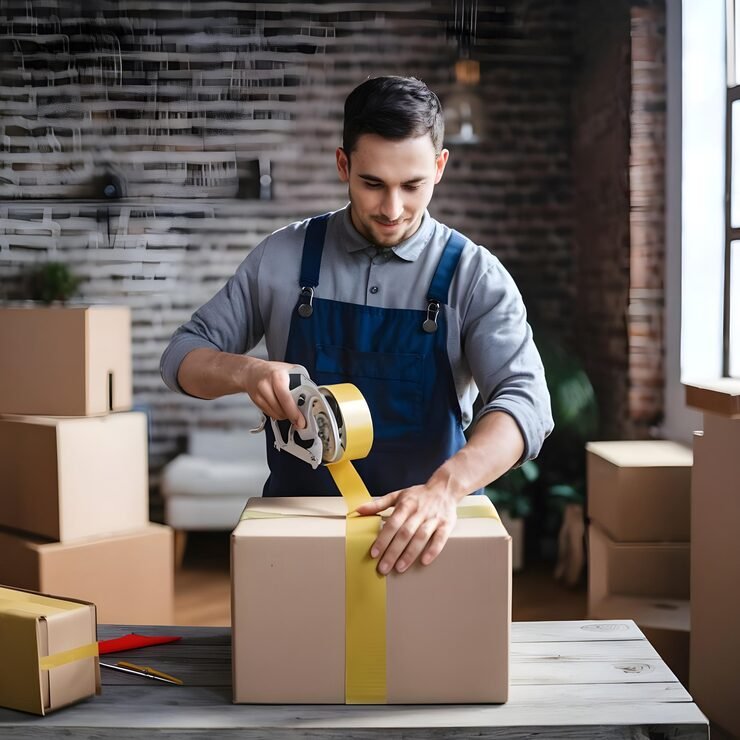 Worker packing export cartons during production and packing