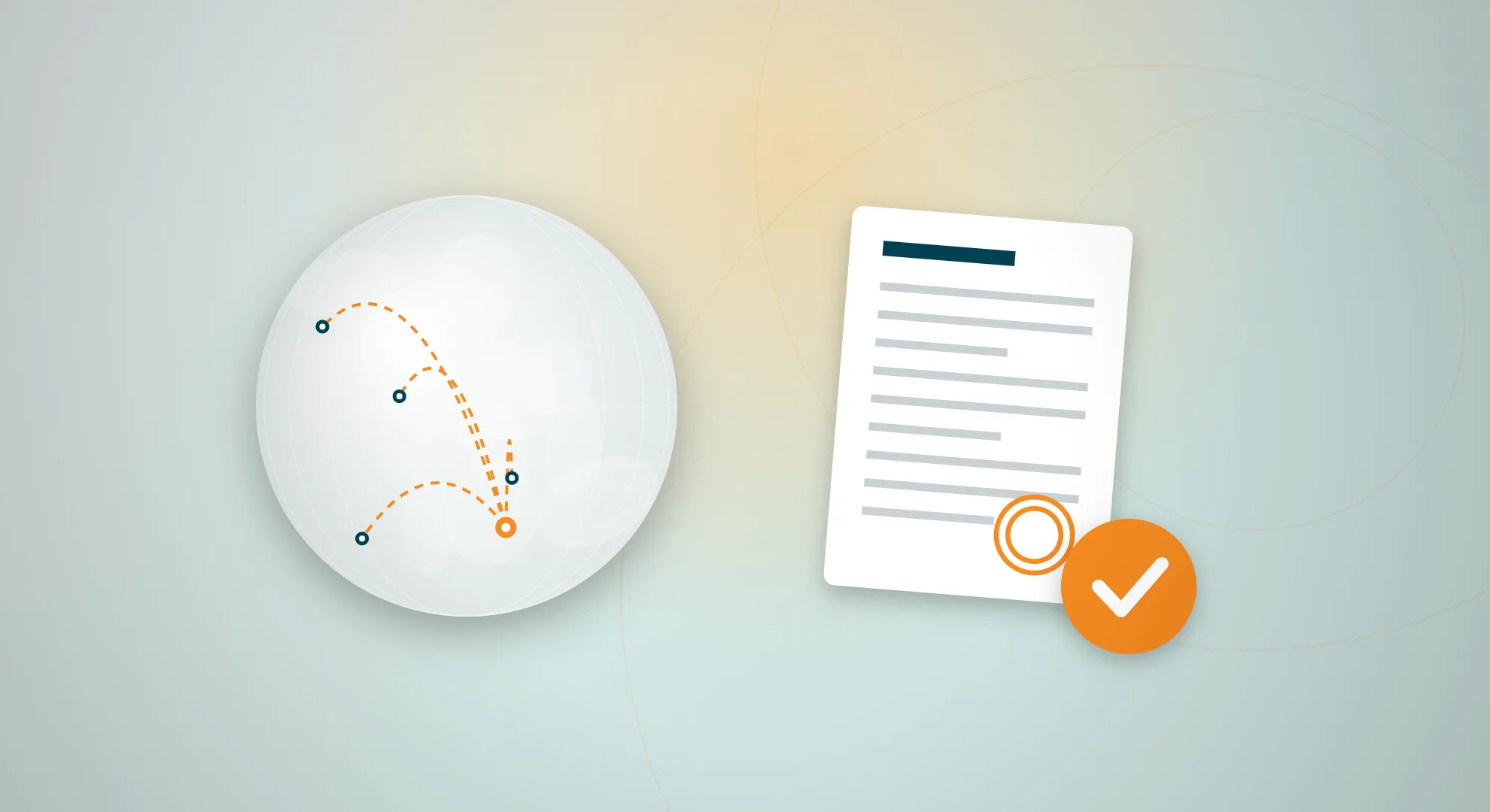 Illustration of a certificate of origin document with an approval mark and a globe showing trade routes