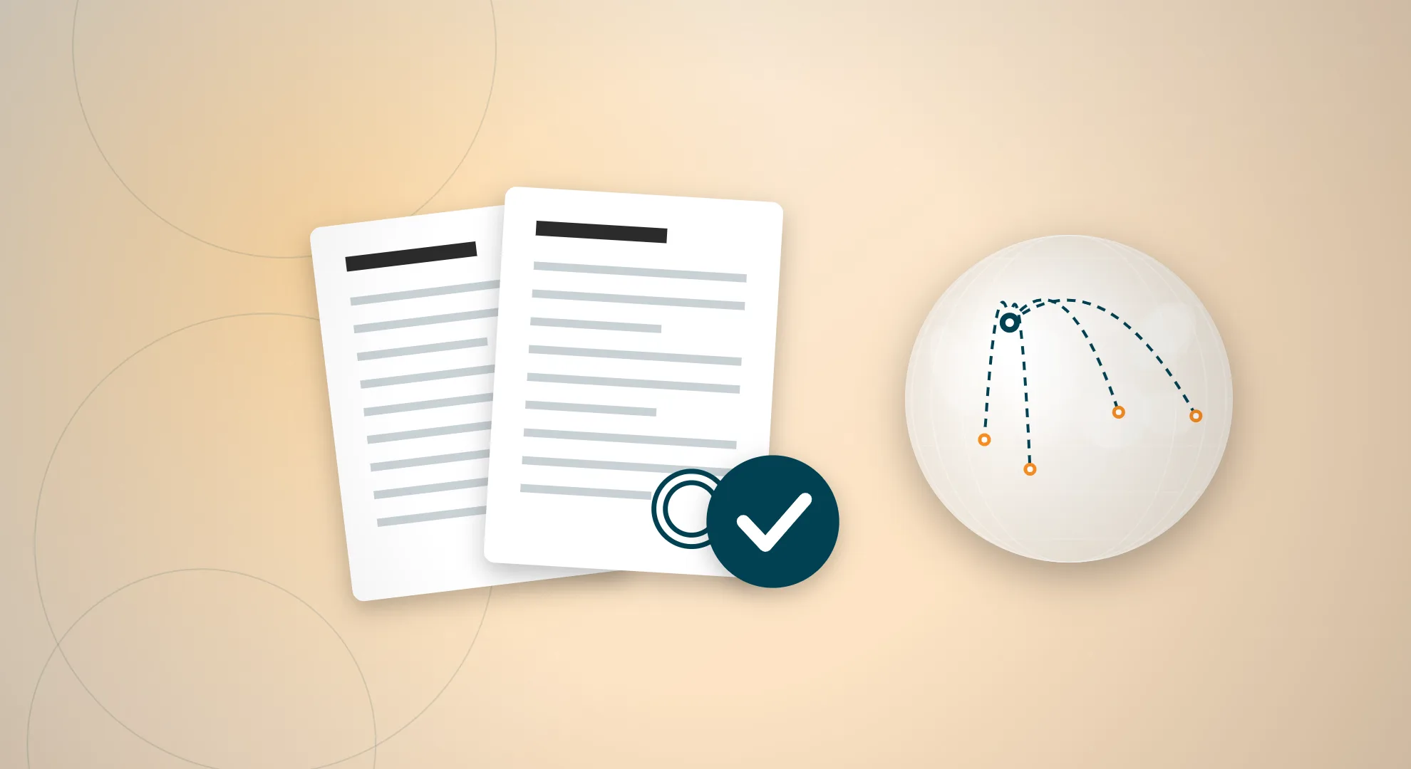 Illustration of export documents with an approval check mark and globe for international trade paperwork