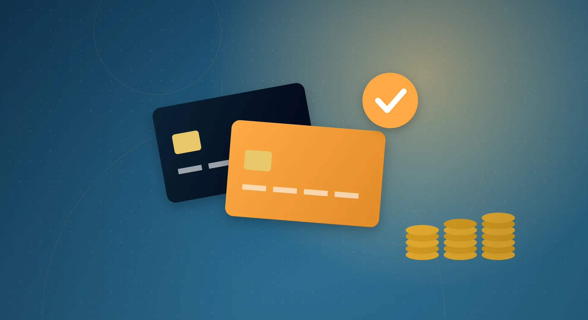 Illustration of payment cards, coins and an approval check representing export payment terms