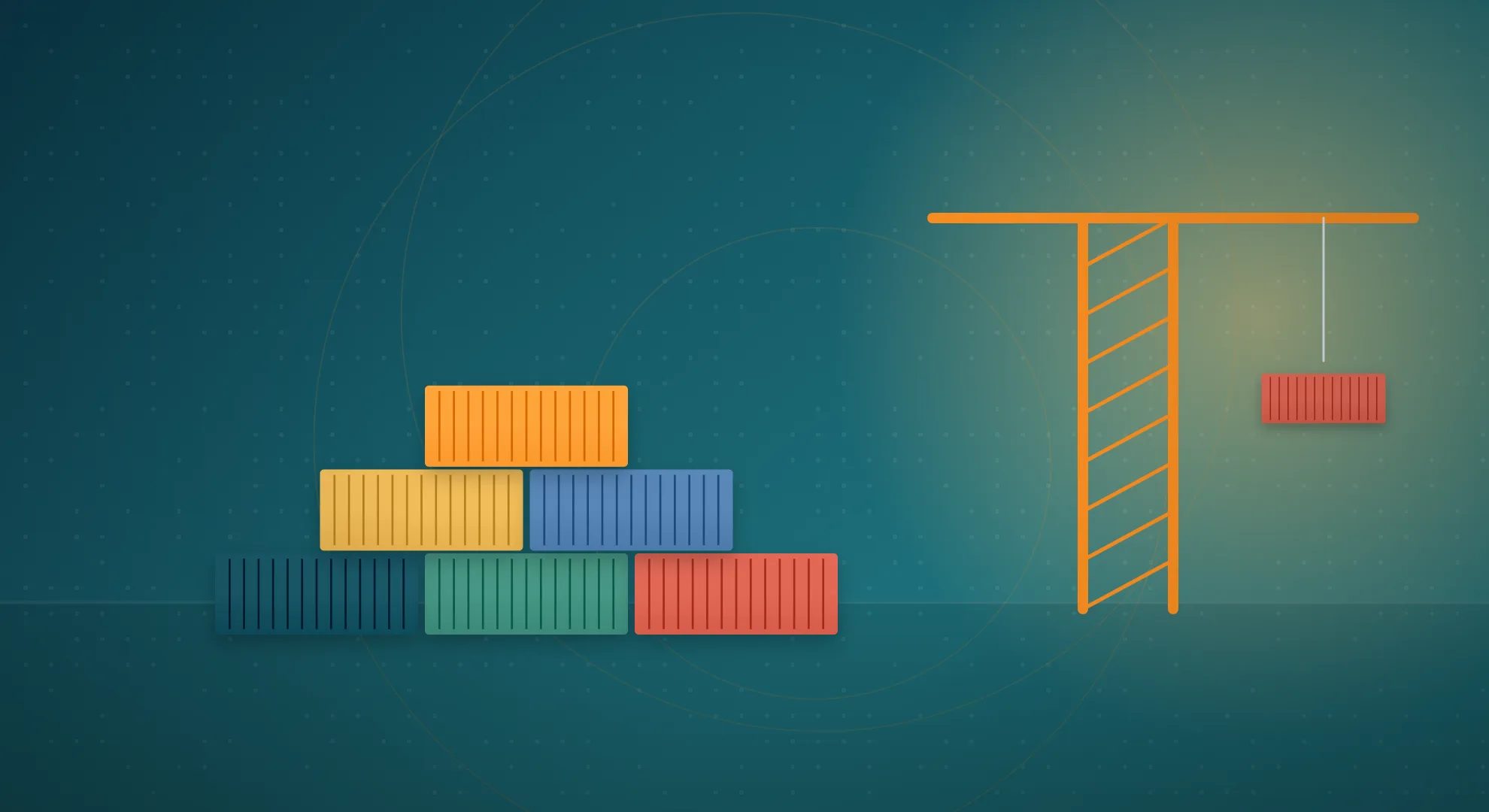 Illustration of stacked shipping containers and a port crane comparing FCL and LCL sea freight