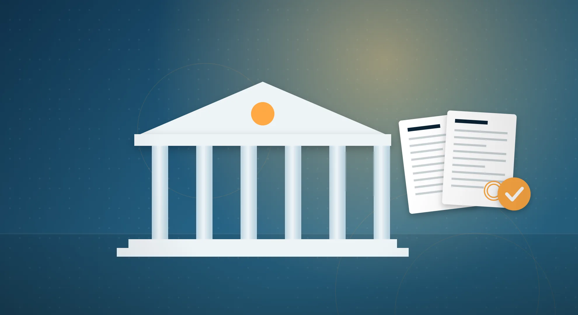Illustration of a government building and procurement documents representing GeM institutional procurement