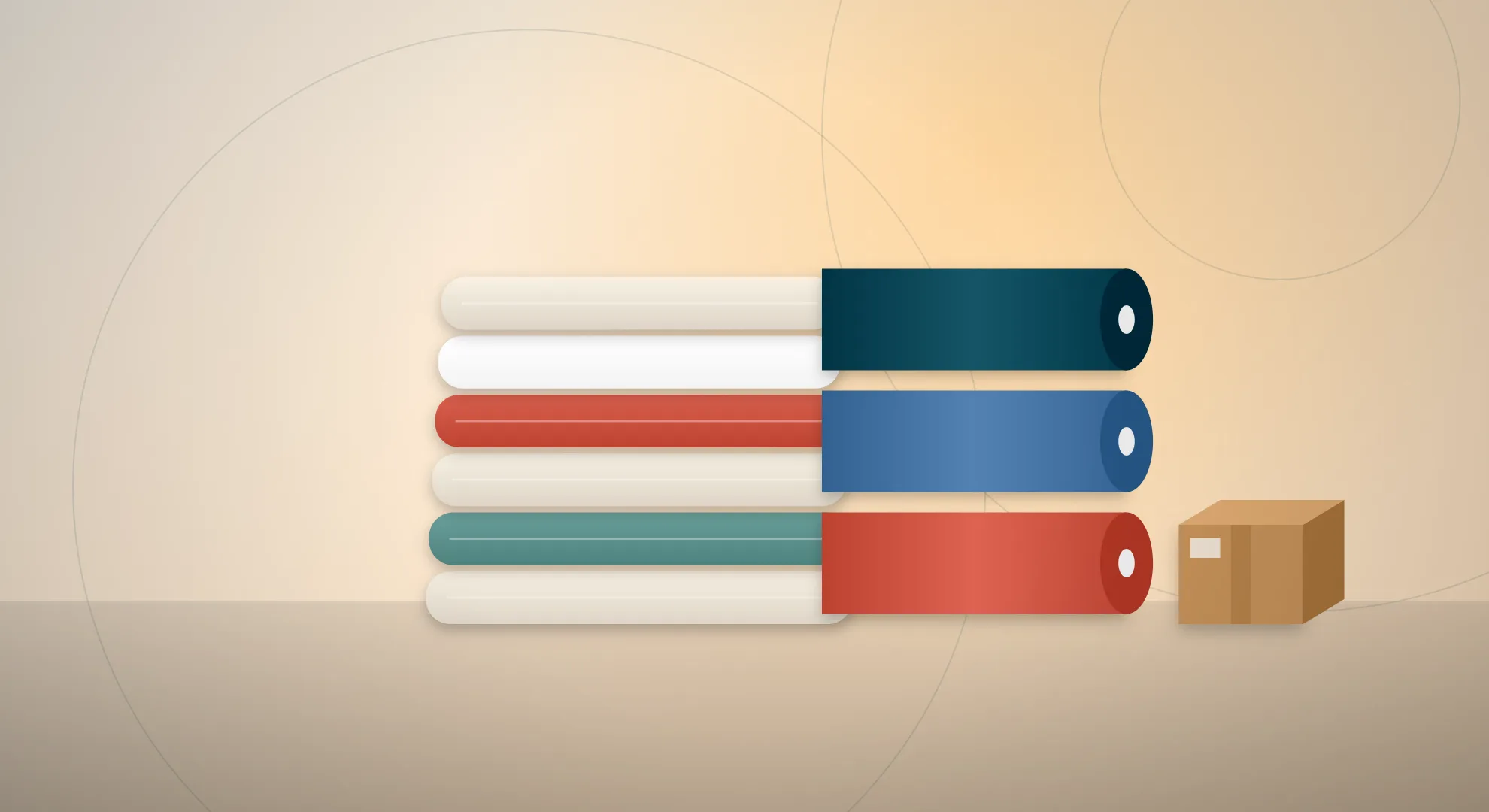 Illustration of stacked cotton home textiles and fabric rolls ready for export from India