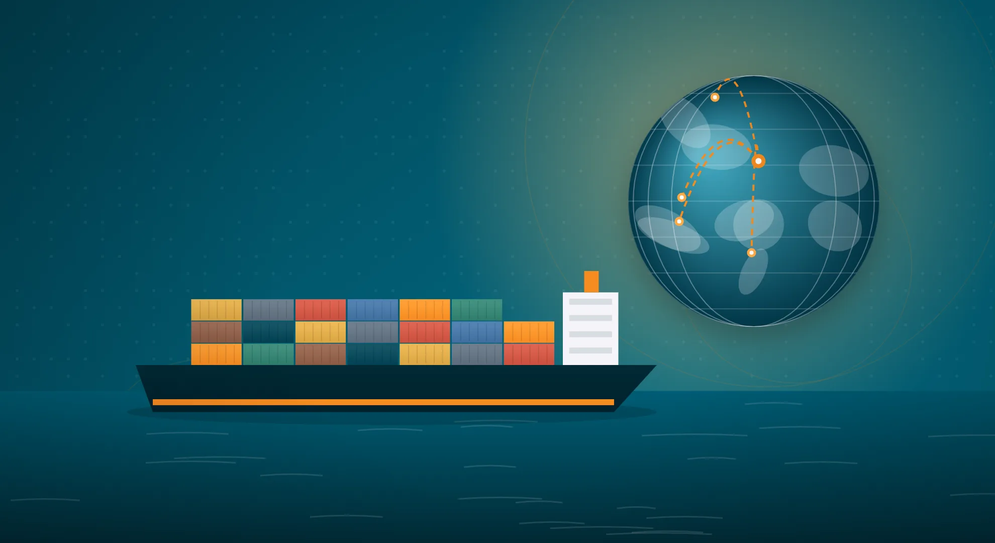 Illustration of a container ship and globe showing export routes from India