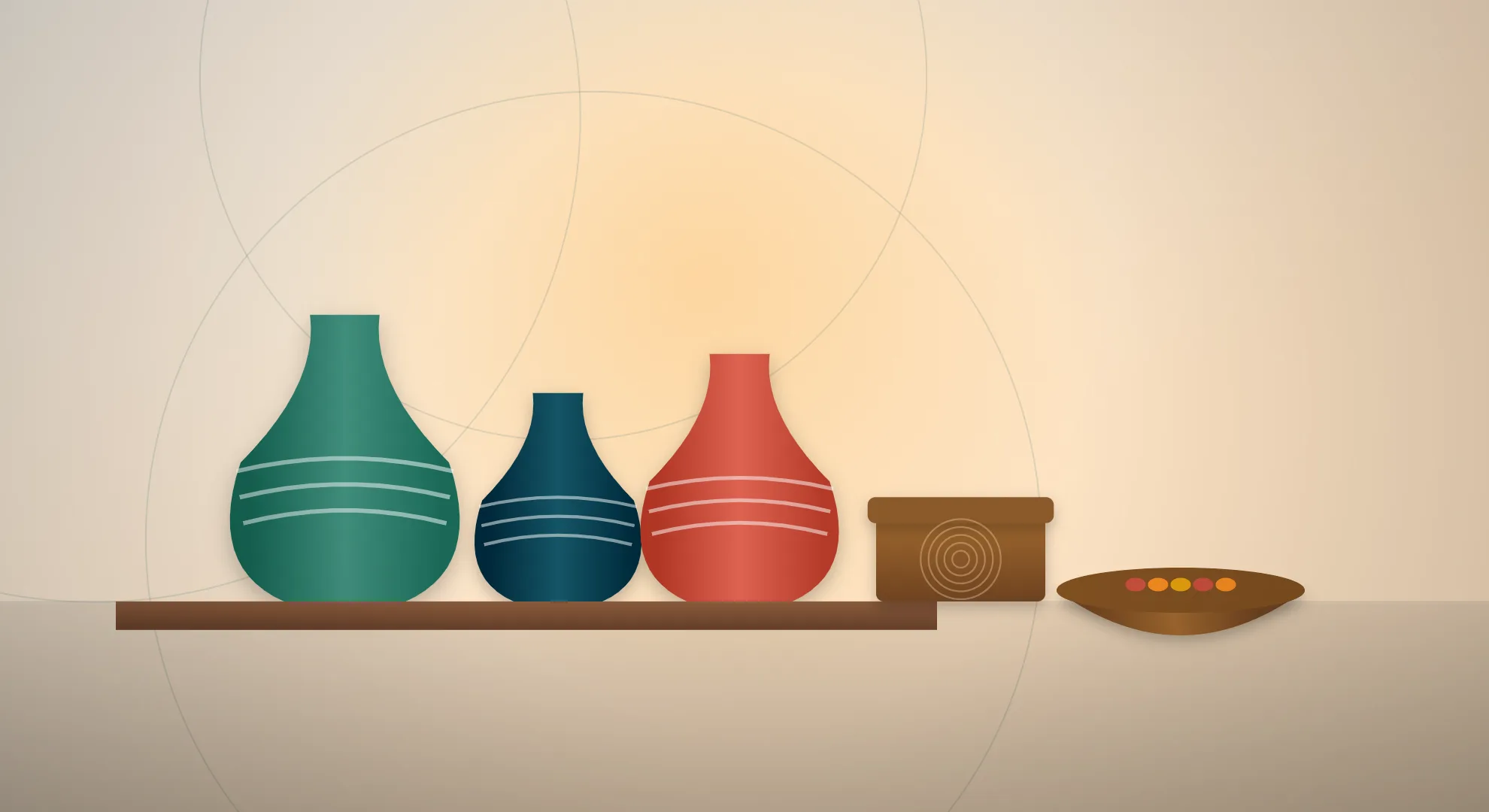 Illustration of handcrafted Indian ceramic vases and carved wooden items representing handicraft exports
