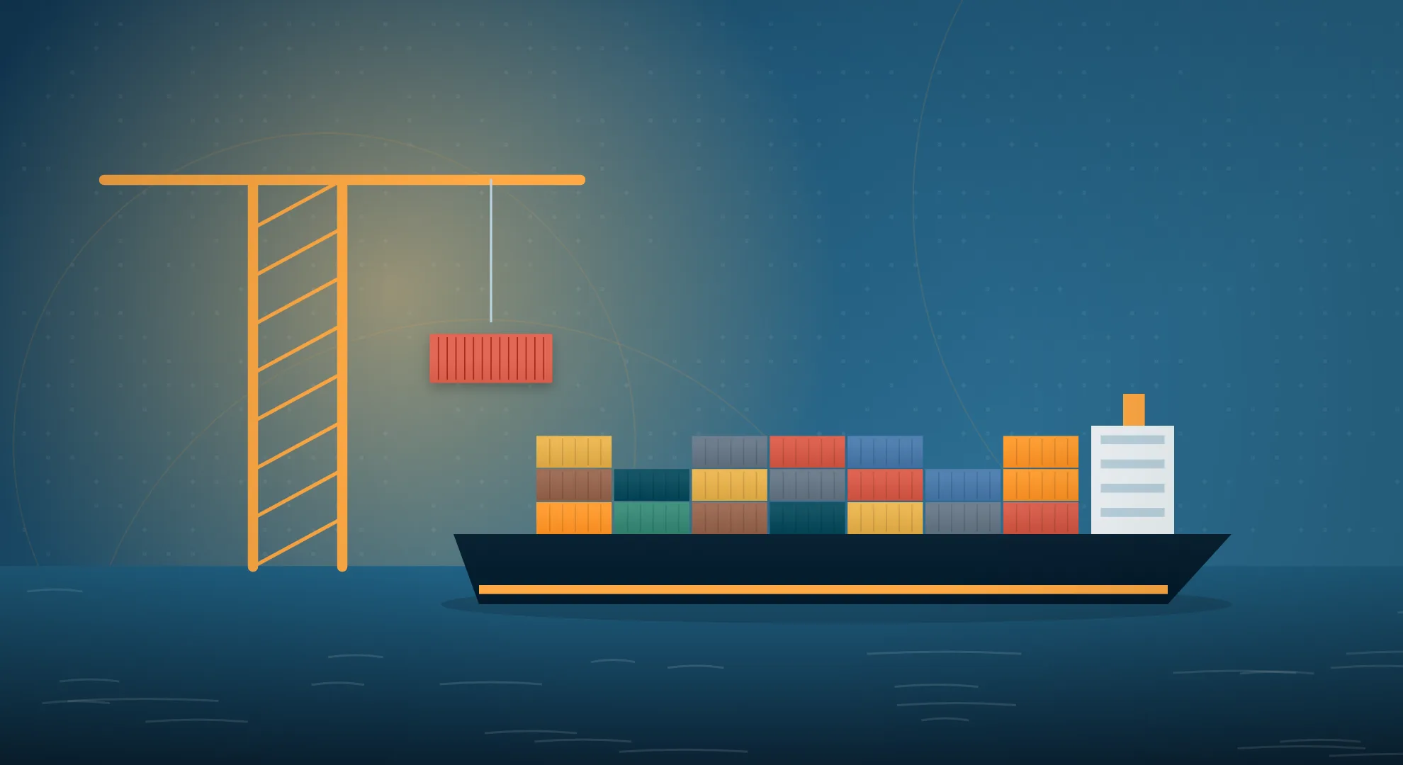 Illustration of a port crane and container ship representing Incoterms for international shipping