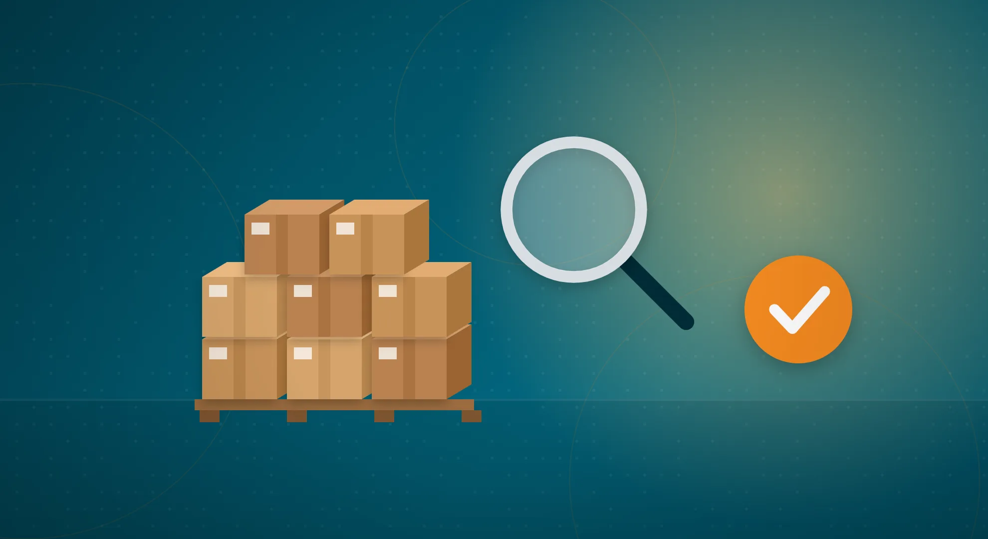 Illustration of packed export cartons on a pallet with a magnifying glass and approval check for pre-shipment inspection