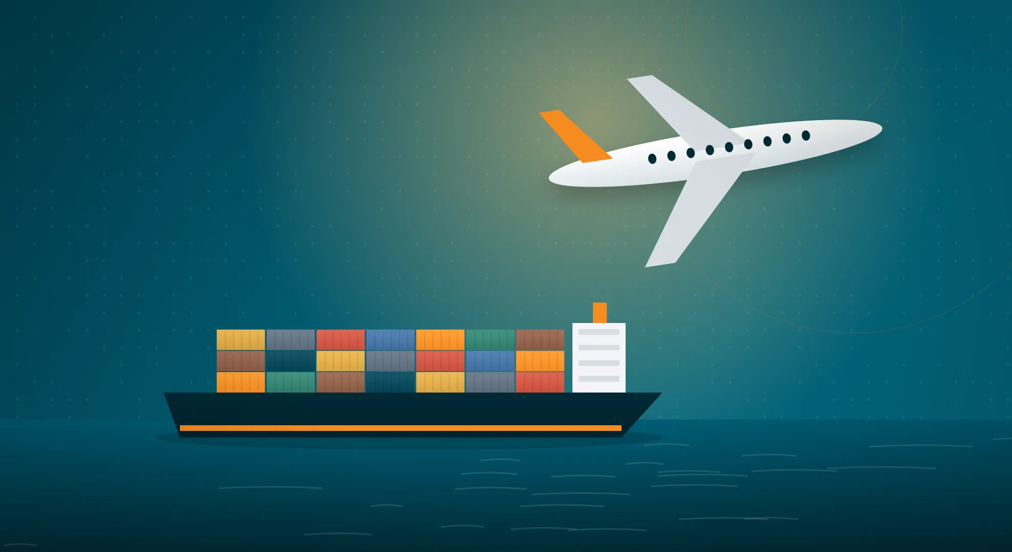 Illustration of a cargo plane above a container ship comparing sea freight and air freight from India