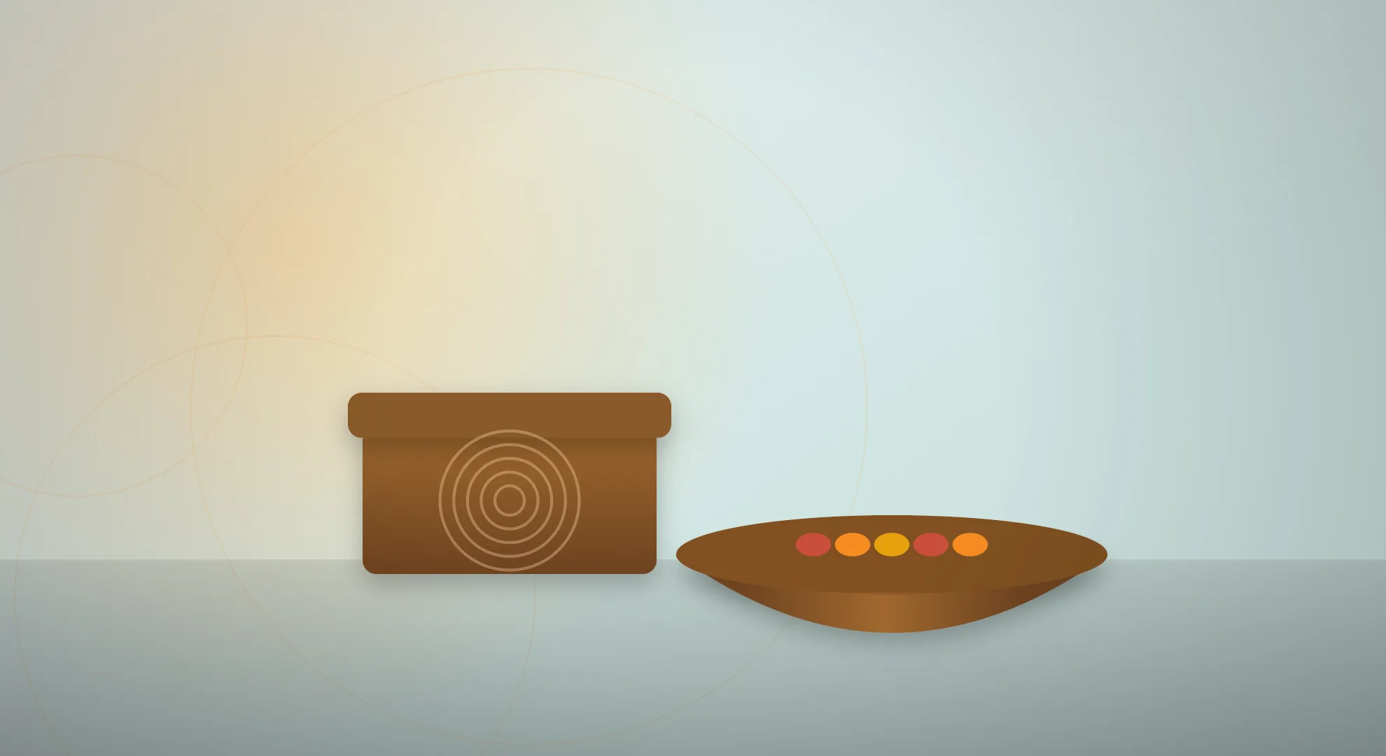 Illustration of a carved mango wood box and wooden serving bowl representing wooden handicrafts from India